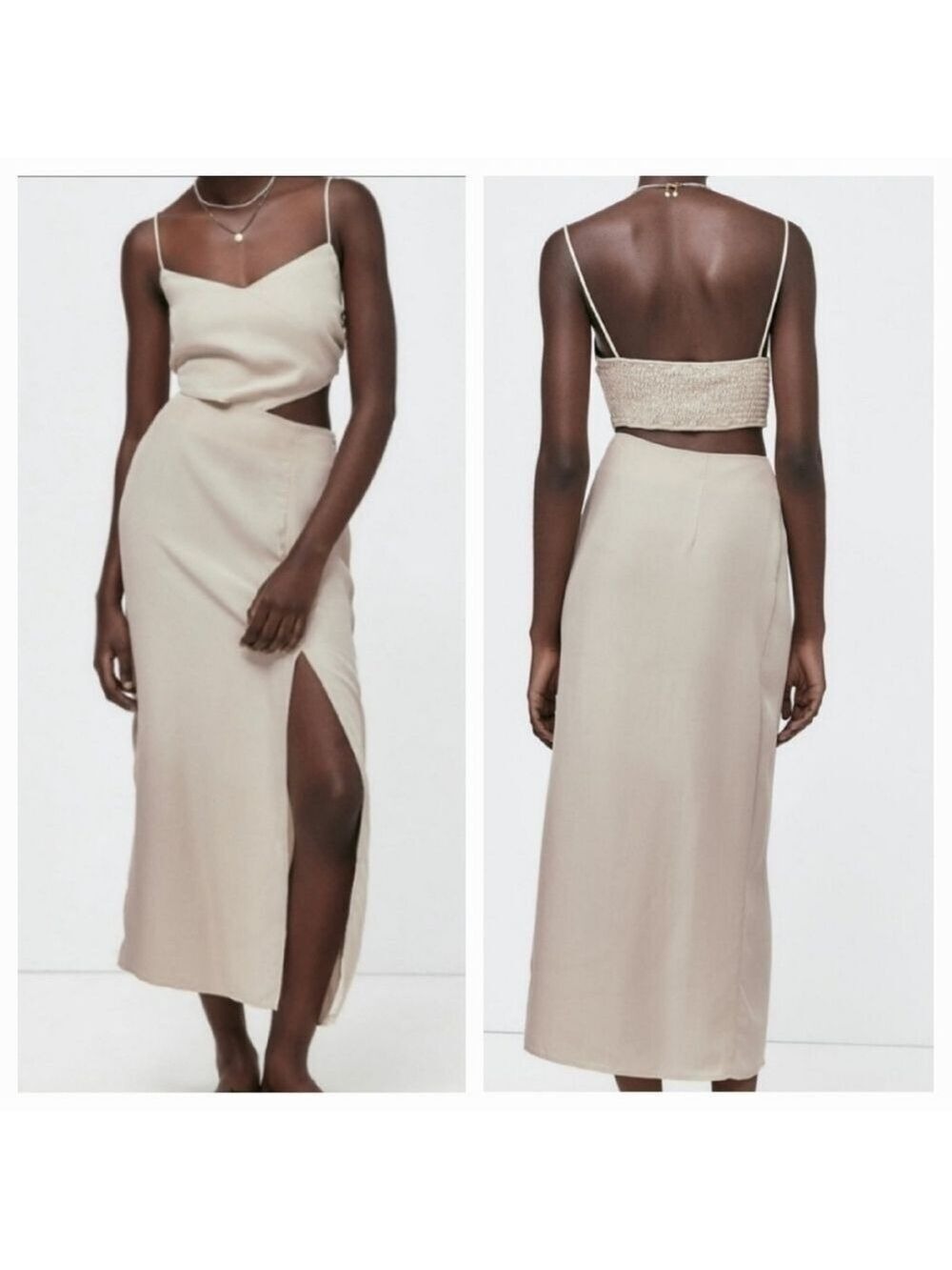 Zara Cut Out V-neck Beige Dress, Size S - Picture 1 of 15